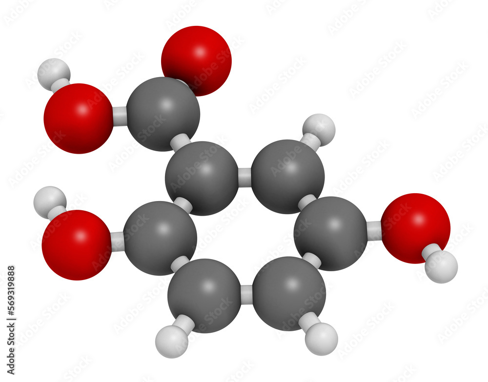 Gentisic acid molecule. 3D rendering. Gentisic acid molecule. 3D rendering.