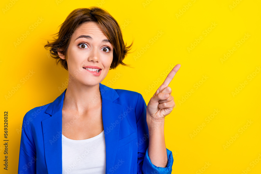 Photo of representative agent lady point empty space new excited adverts isolated shine color background Photo of representative agent lady point empty space new excited adverts isolated shine color background