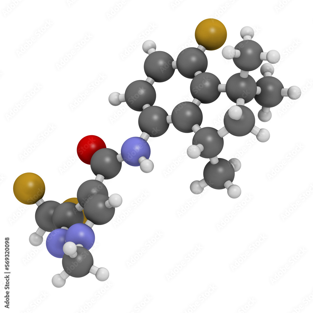 Fluindapyr fungicide molecule. 3D rendering. Fluindapyr fungicide molecule. 3D rendering.