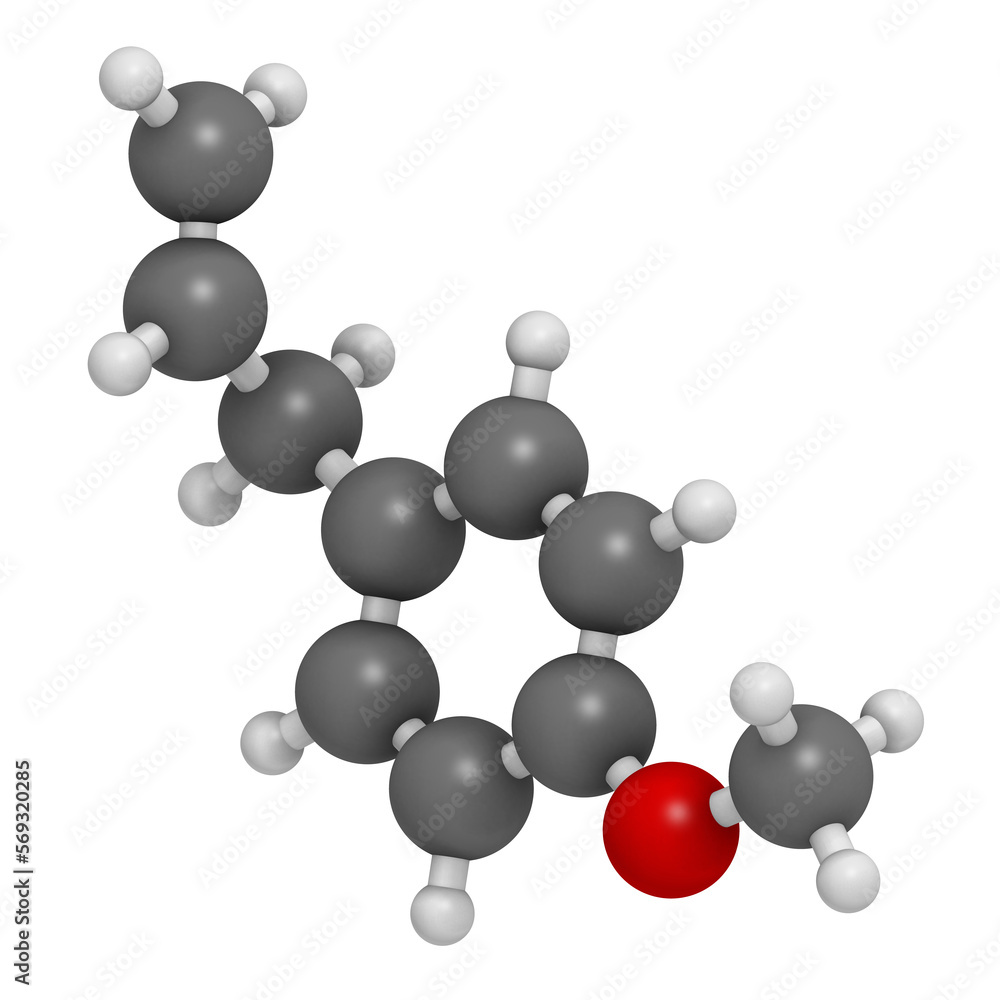 Estragole herbal molecule. 3D rendering. Estragole herbal molecule. 3D rendering.