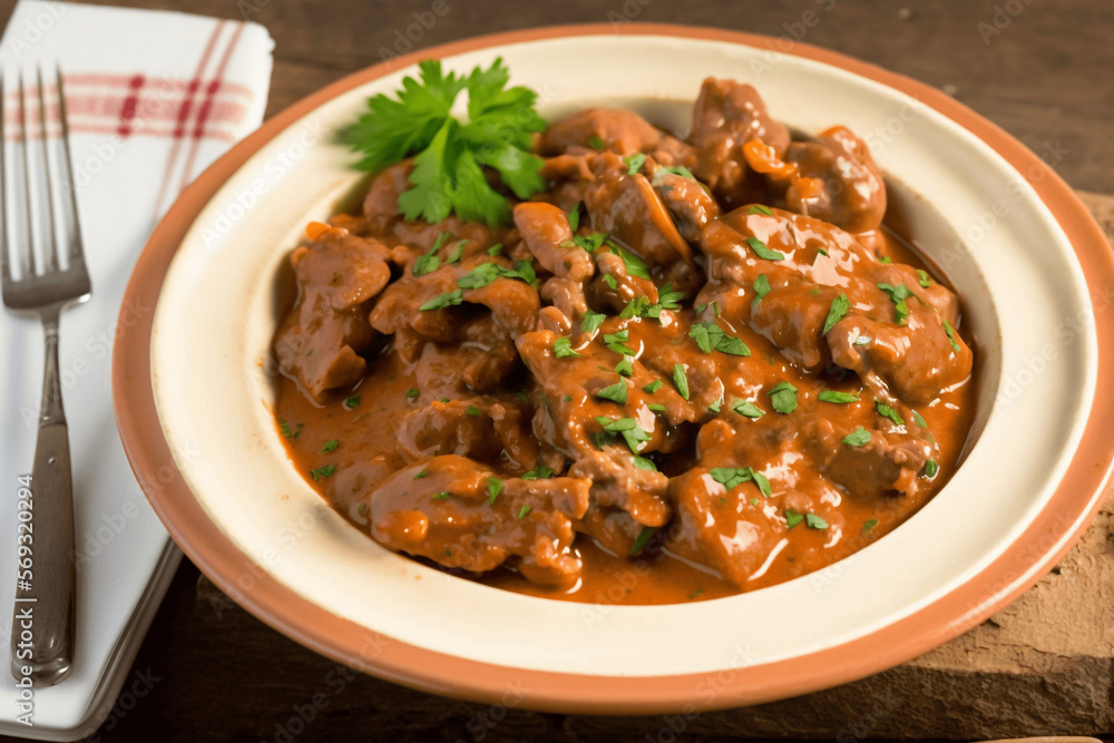 Portuguese Delight: Moelas - A Hearty and Flavorful Chicken Giblets Gizzards Stew with Tomato Sauce, a Traditional Recipe passed down generations. Authentic and Comforting Meal ai generative Portuguese Delight: Moelas - A Hearty and Flavorful Chicken Giblets Gizzards Stew with Tomato Sauce, a Traditional Recipe passed down generations. Authentic and Comforting Meal ai generative