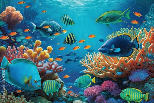  a painting of a group of fish swimming in the ocean with corals and sponges on the bottom of the water and a coral reef in the foreground. generative ai