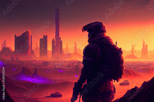 Urban soldier in battle armour against sci0fi city at sunset. Synthwave style. Digitally generated AI image.