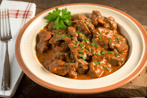 Portuguese Delight: Moelas - A Hearty and Flavorful Chicken Giblets Gizzards Stew with Tomato Sauce, a Traditional Recipe passed down generations. Authentic and Comforting Meal ai generative