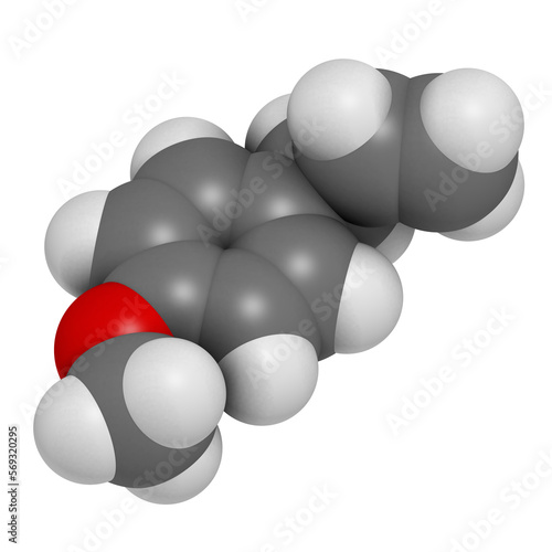 Estragole herbal molecule. 3D rendering. photo