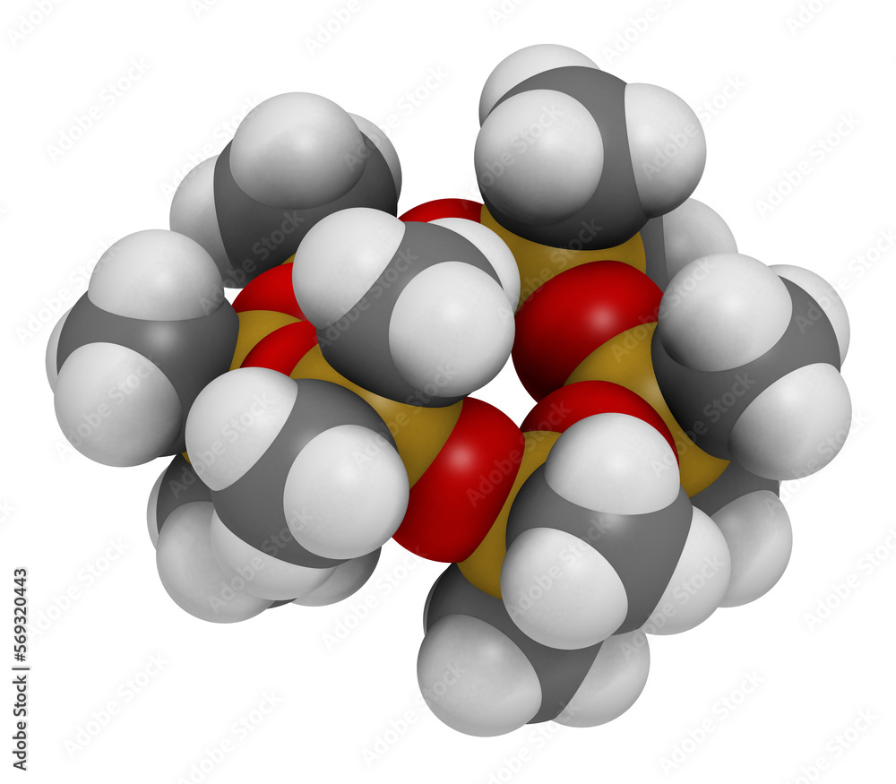 dodecamethylcyclohexasiloxane (D6) cyclic organosilicon molecule. 3D rendering. dodecamethylcyclohexasiloxane (D6) cyclic organosilicon molecule. 3D rendering.