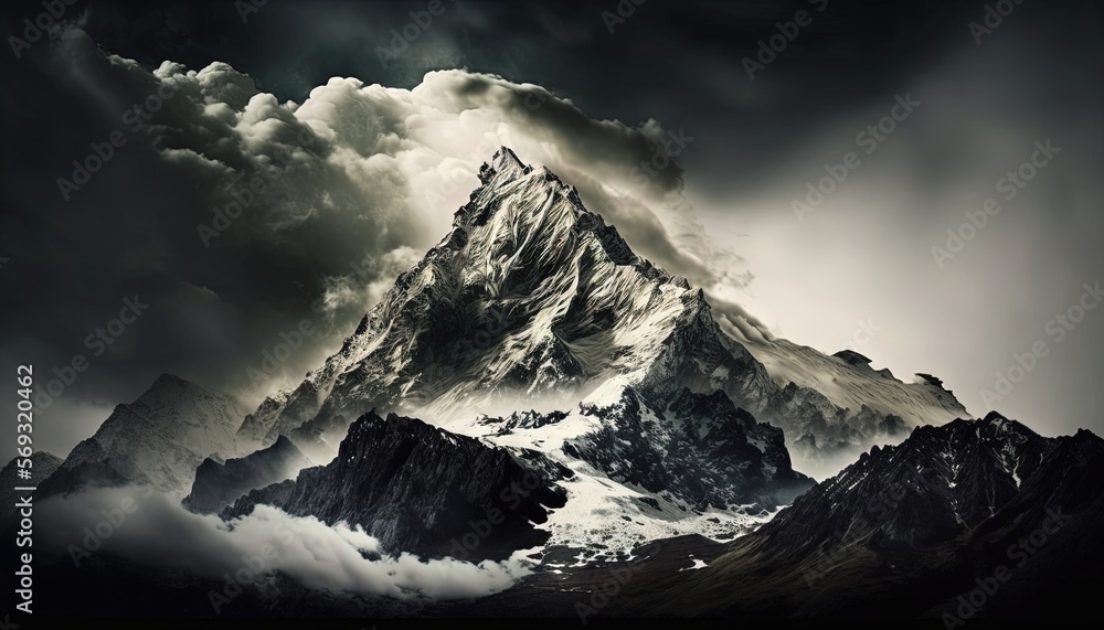 a very tall mountain covered in clouds under a cloudy sky with a black and white photo of a snow capped mountain in the foreground. generative ai a very tall mountain covered in clouds under a cloudy sky with a black and white photo of a snow capped mountain in the foreground. generative ai