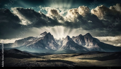  a mountain range under a cloudy sky with sun rays coming through the clouds over it and a river running through the foreground below it.  generative ai