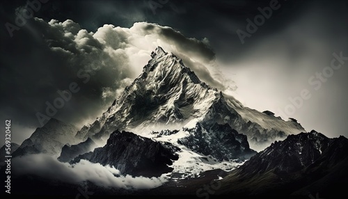  a very tall mountain covered in clouds under a cloudy sky with a black and white photo of a snow capped mountain in the foreground. generative ai