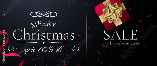 Merry Shristmass sale banner template, poster, greeing card, new year discount, black background, golden ribbon, gift box