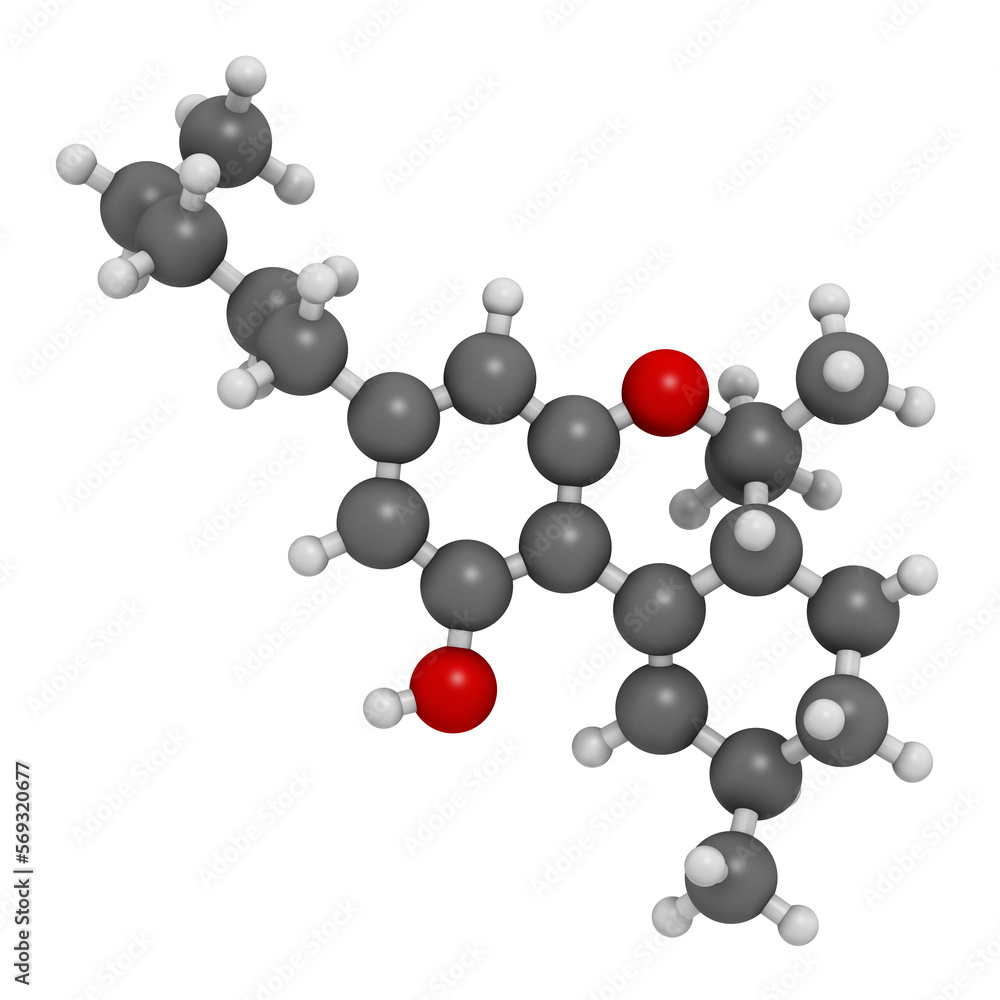 Delta-10-tetrahydrocannabinol (D10-THC) molecule. Isomer of Delta-9-THC. 3D rendering. Delta-10-tetrahydrocannabinol (D10-THC) molecule. Isomer of Delta-9-THC. 3D rendering.