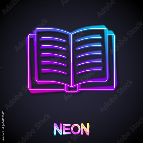 Glowing neon line Open book icon isolated on black background. Vector