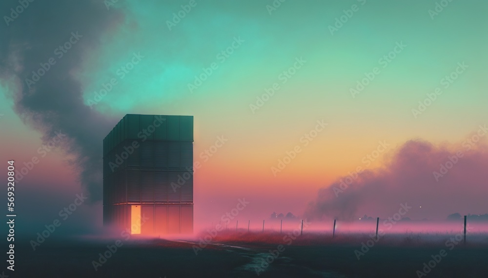  a tall building surrounded by fog in a field at sunset with a green sky in the background and a pink and blue sky in the middle.  generative ai