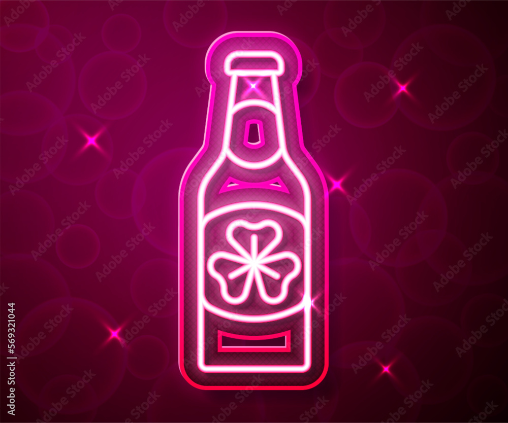 Glowing neon line Beer bottle with clover trefoil leaf icon isolated on red background. Happy Saint Patricks day. National Irish holiday. Vector Glowing neon line Beer bottle with clover trefoil leaf icon isolated on red background. Happy Saint Patricks day. National Irish holiday. Vector