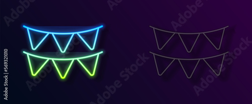Glowing neon line Carnival garland with flags icon isolated on black background. Party pennants for birthday celebration, festival decoration. Vector