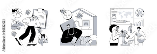 Covid19 pandemic abstract concept vector illustration set. Coronavirus symptoms, treatment and vaccine, intensive therapy, wearing a mask, lung ventilation, fever and cough abstract metaphor.