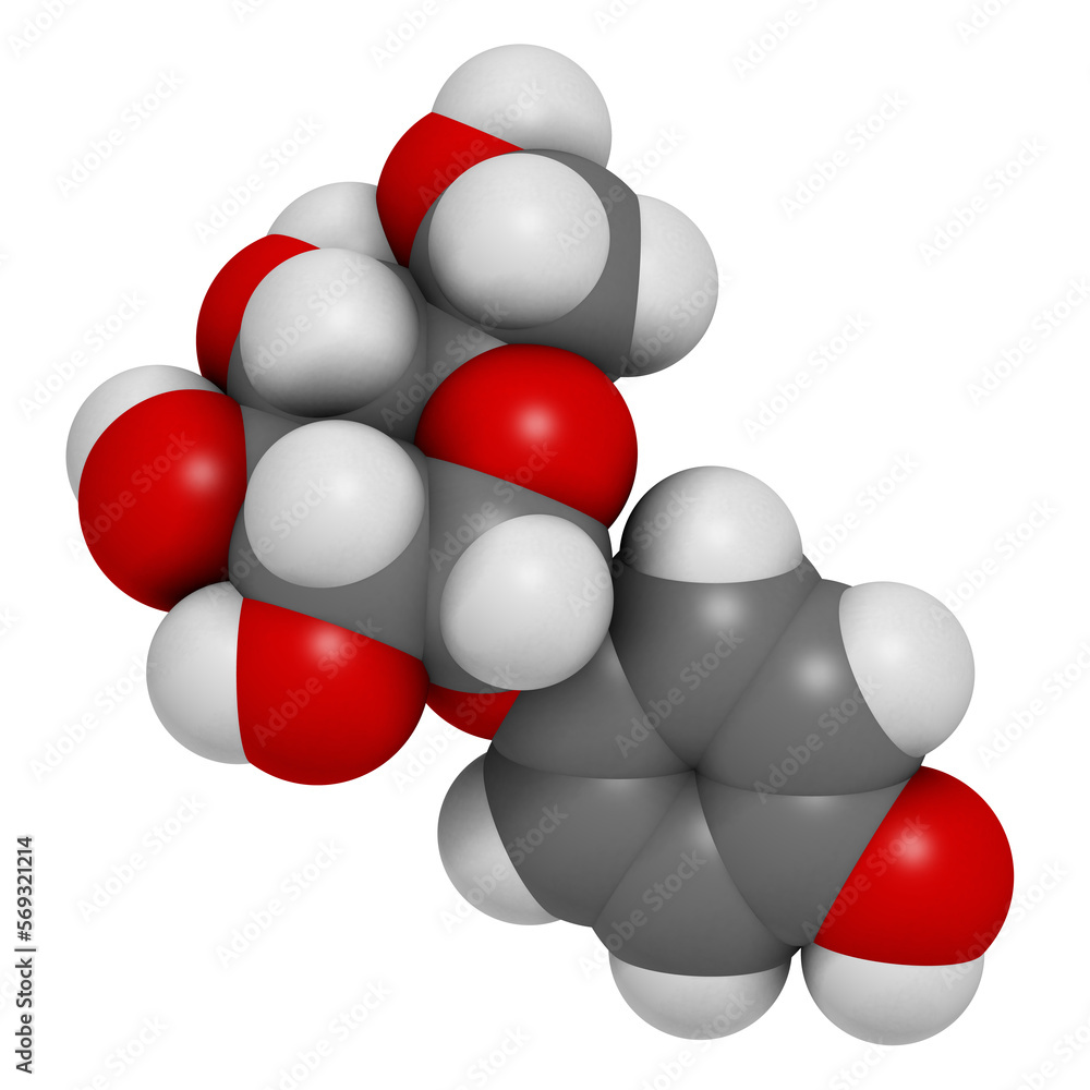 alpha-arbutin molecule. 3D rendering. alpha-arbutin molecule. 3D rendering.