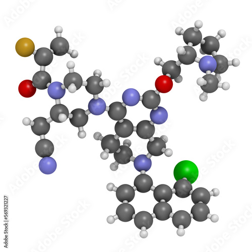 Adagrasib cancer drug molecule. 3D rendering.