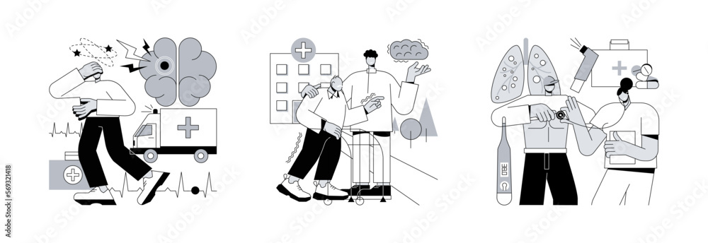 Senior people illness abstract concept vector illustration set. Stroke and parkinson disease tremor, chronic obstructive pulmonary disease, headache, shortness of breath, first aid abstract metaphor. Senior people illness abstract concept vector illustration set. Stroke and parkinson disease tremor, chronic obstructive pulmonary disease, headache, shortness of breath, first aid abstract metaphor.