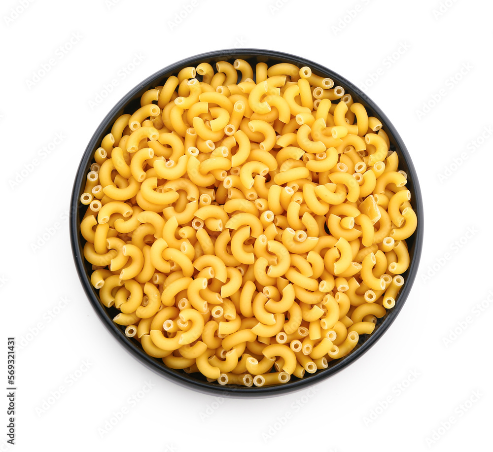 Plate of raw elbow pasta isolated on white background Plate of raw elbow pasta isolated on white background