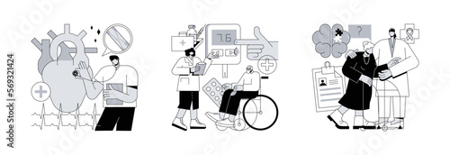 Elderly people health problems abstract concept vector illustration set. Ischemic heart disease, diabetes mellitus, Alzheimerand dementia, coronary artery, blood sugar, memory loss abstract metaphor.
