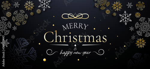 Merry Shristmass sale banner template, poster, greeing card, new year discount, black background, golden ribbon, gift box