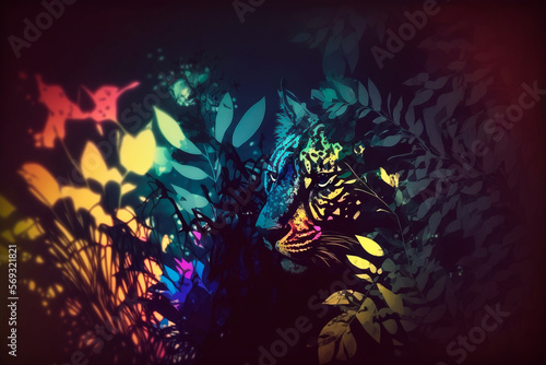 Ilustración colorida dibujada de felino en la jungla, generative ai.