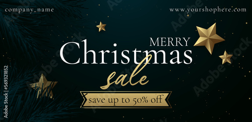 Merry Shristmass sale banner template, poster, greeing card, new year discount, gift boxes, green background, golden style