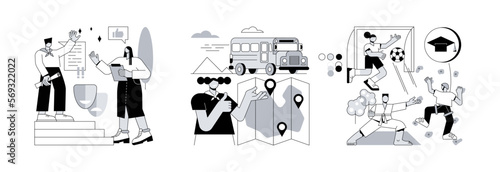 Afterschool activity abstract concept vector illustration set. Theatre camp, field trip, school sports team, summer camp, excursion for pupils, exercise and tournament, training abstract metaphor.