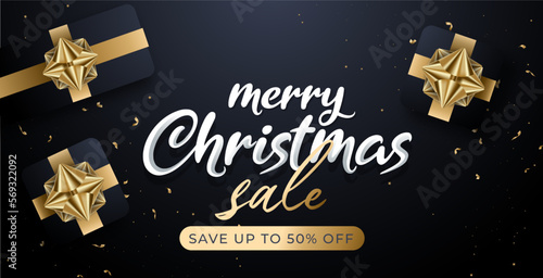 Merry Shristmass sale banner template, poster, greeing card, new year discount, black background, golden ribbon, gift box
