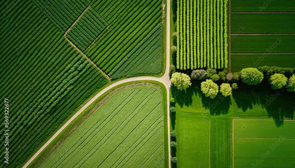 Generative AI, Farm landscape, agricultural fields, beautiful countryside, country road. Nature Illustration, photorealistic top view drone, horizontal banner. - obrazy, fototapety, plakaty 