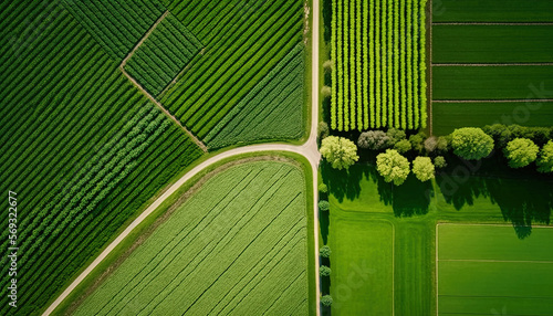 Fotografiet Generative AI, Farm landscape, agricultural fields, beautiful countryside, country road