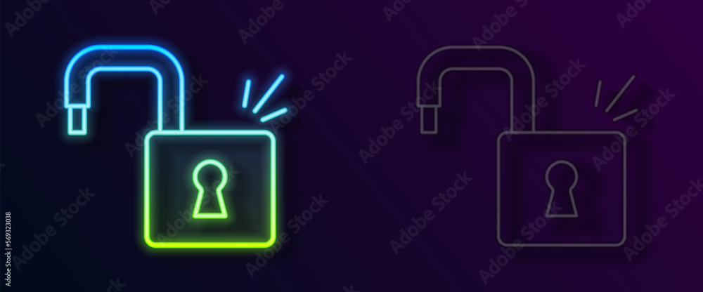 Glowing neon line Open padlock icon isolated on black background. Opened lock sign. Cyber security concept. Digital data protection. Vector Glowing neon line Open padlock icon isolated on black background. Opened lock sign. Cyber security concept. Digital data protection. Vector