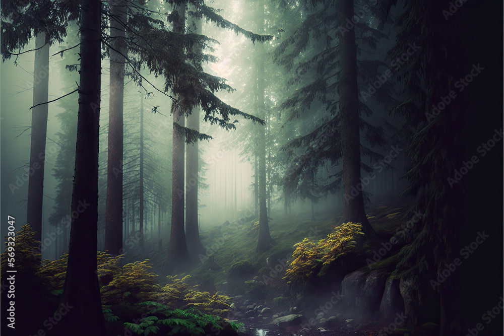 Fototapeta premium fog in the forest created with Generative AI technology