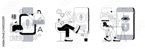 Multilingual mobile application abstract concept vector illustration set. Digital translator, speech to text, natural language processing, electronic dictionary, voice recognition abstract metaphor.