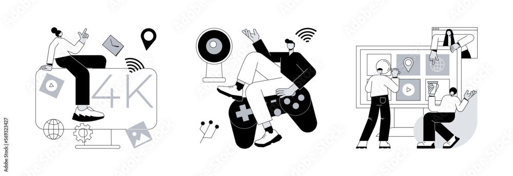 Internet television abstract concept vector illustration set. SmartTV technology, accessories and applications, online streaming, home cinema, 4k video, download software app abstract metaphor. Internet television abstract concept vector illustration set. SmartTV technology, accessories and applications, online streaming, home cinema, 4k video, download software app abstract metaphor.