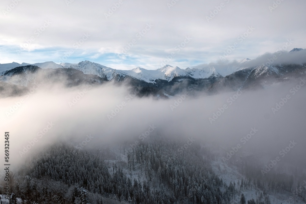 Beautiful mountain panorama at sunrise from Nosal Peak in Tatras Mountains, Poland, Tatra National Park