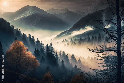 mountain landscape in the fog created with Generative AI technology © Robert Herhold