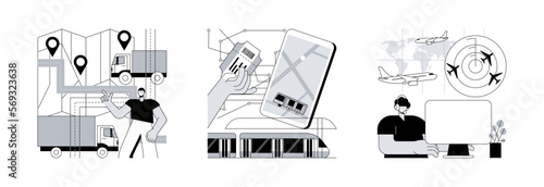 Transportation system abstract concept vector illustration set. National and regional transport, air traffic control, car driver, passenger pass, ticket office, airport radar abstract metaphor.