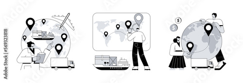 International delivery service abstract concept vector illustration set. Global transportation system, ship tracking, collaborative logistics, marine traffic, online global tracker abstract metaphor.