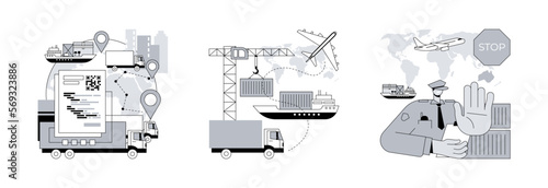 Commercial transportation industry abstract concept vector illustration set. Blockchain in transport technology, combined transport, embargo regulation, goods movement, trading ban abstract metaphor.