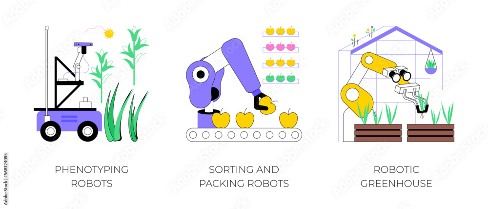Naklejka premium Automation in agriculture isolated cartoon vector illustrations set. Phenotyping robots in farming industry, sorting and packing robots, robotic greenhouse smart cultivation process vector cartoon.