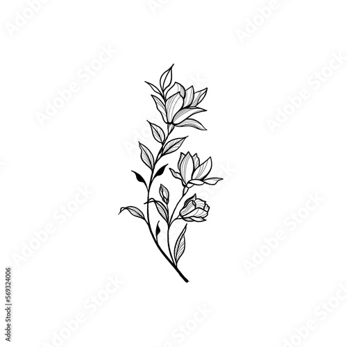 Beautiful sketch of a tattoo - a delicate twig with flowers . Flowers Periwin...