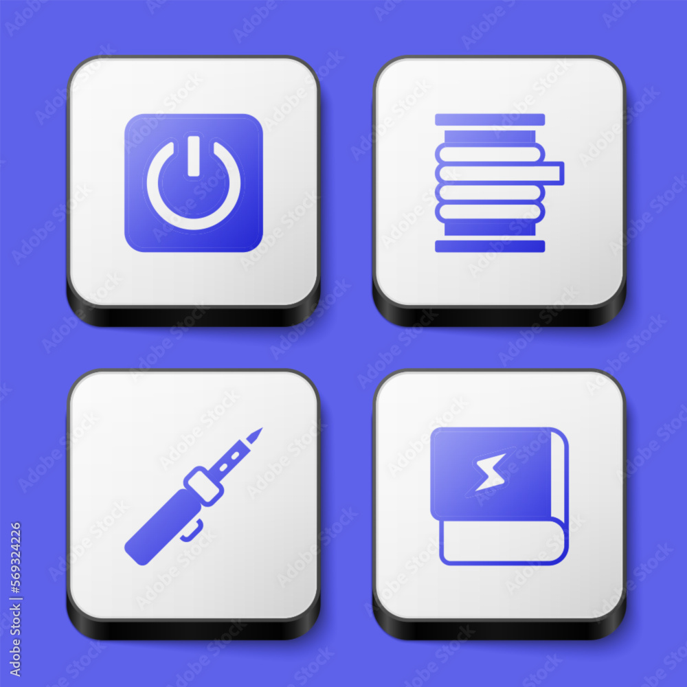 Set Power button, Wire electric cable reel, Soldering iron and Book about electricity icon. White square button. Vector Set Power button, Wire electric cable reel, Soldering iron and Book about electricity icon. White square button. Vector