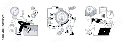 Project lifecycle abstract concept vector illustration set. Project initiation and closure, deadline, documentation, business analysis, stakeholder approval, work time, due date abstract metaphor.