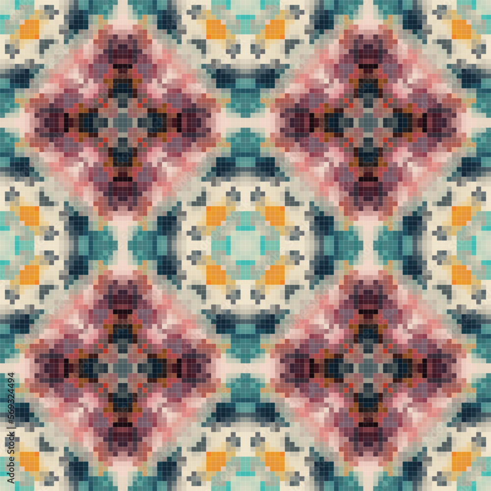 Pixel mosaic seamless pattern design, Repeat textile design, Surface design.
