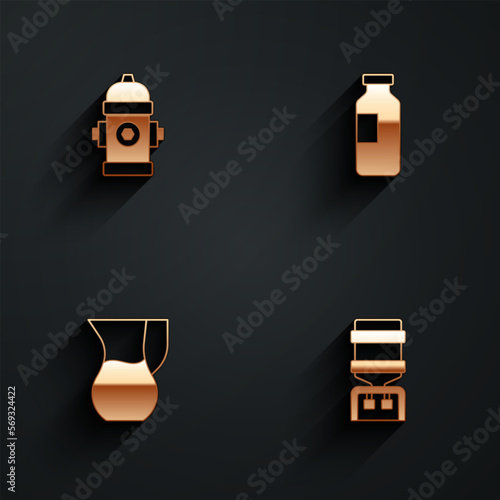 Set Fire hydrant, Bottle of water, Jug glass with and Water cooler icon with long shadow. Vector