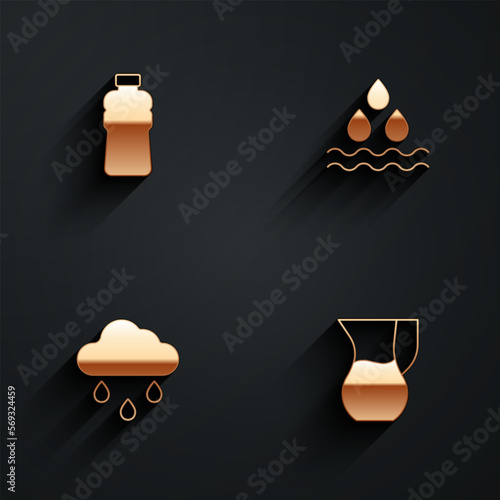 Set Bottle of water, Water drop, Cloud with rain and Jug glass icon with long shadow. Vector