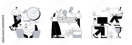 Employee engagement abstract concept vector illustration set. Internal marketing, office fun and esport competition, stress management, teambuilding, video game tournament abstract metaphor.