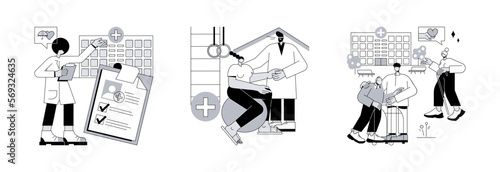 Medical facility abstract concept vector illustration set. Private healthcare, rehabilitation hospital, nursing home, medical condition, residential home, physical therapy abstract metaphor.